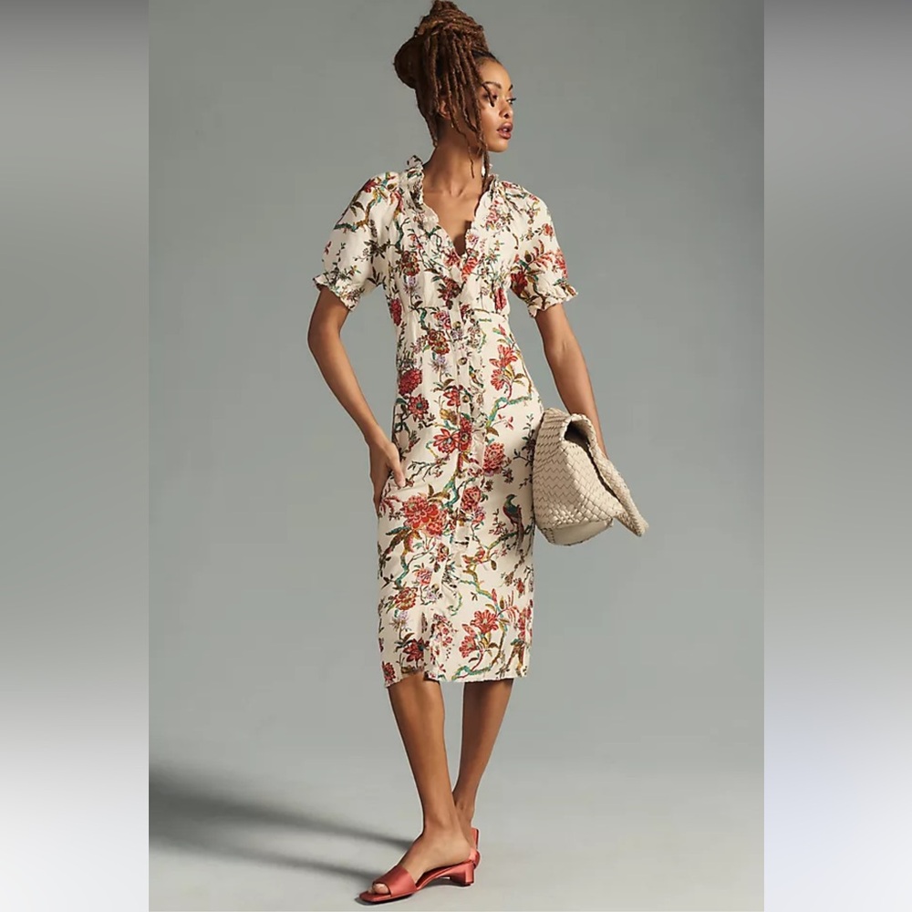 Pilcro by Anthropologie Ruffle Collar‎ Buttondown Dress midi size 0 linen blend